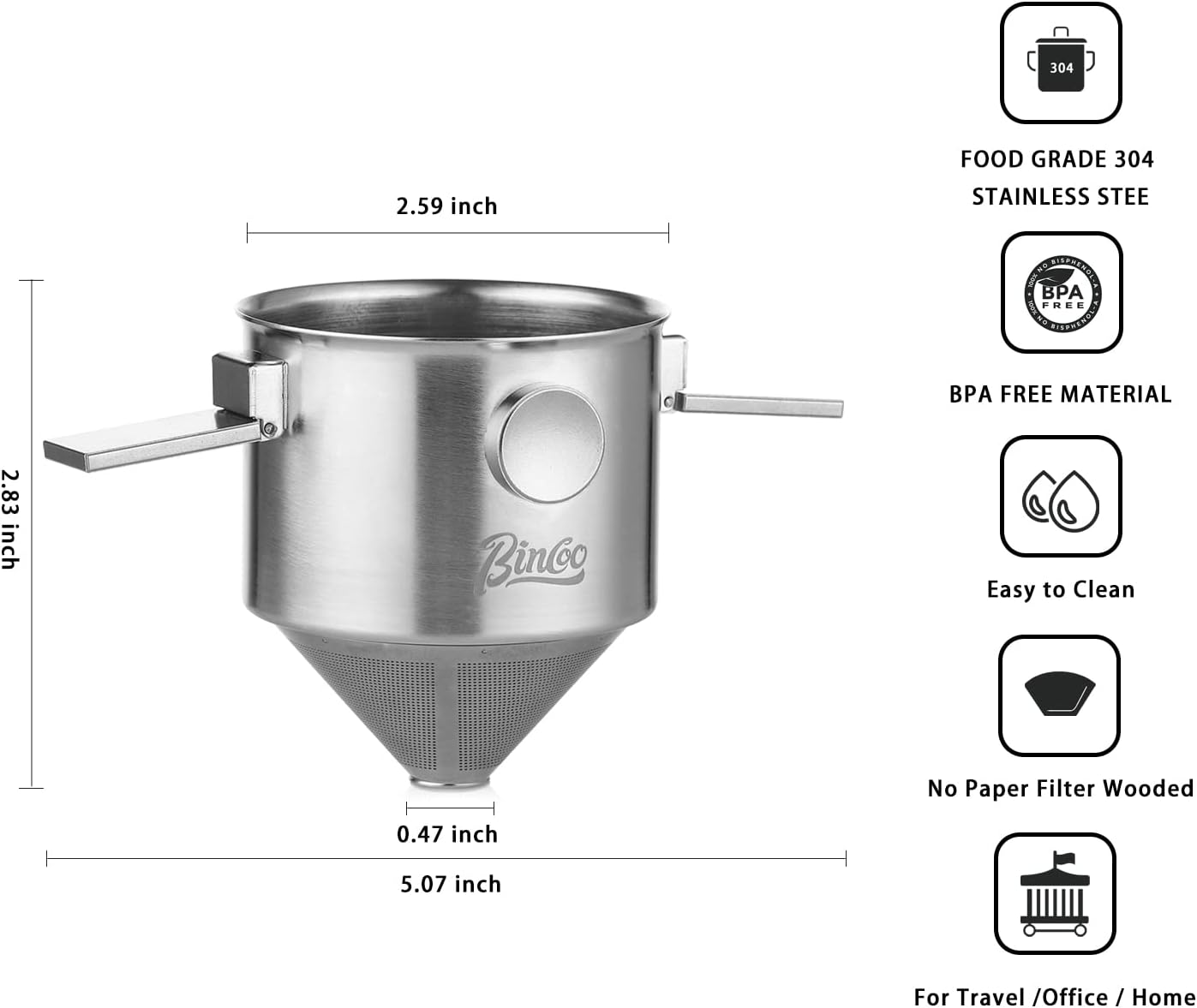 Bincoo Pour Over Coffee Dripper, Portable Stainless Steel Reusable Coffee Filter, Mini Collapsible Paperless Single Serve 1-2 Cup Coffee Dripper Cup Easy To Clean For Travel Camping Offices