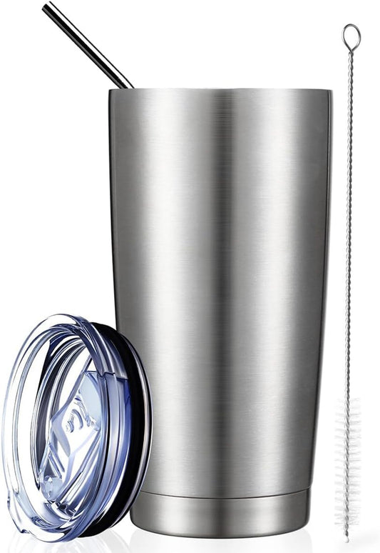 COMOOO 20oz Tumbler with Straw Stainless Steel Insulated Coffee Tumbler Cups Double Wall Vacuum Travel Coffee Mug with Splash Proof Sliding Lid for Hot Cold Drinks (Silver, 1 Pack)