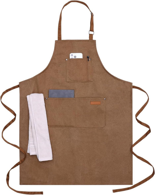 Chef Cooking Aprons for Men Women Thickened Canvas Cotton Apron with 4 Pockets for BBQ Work Kitchen（Brown）