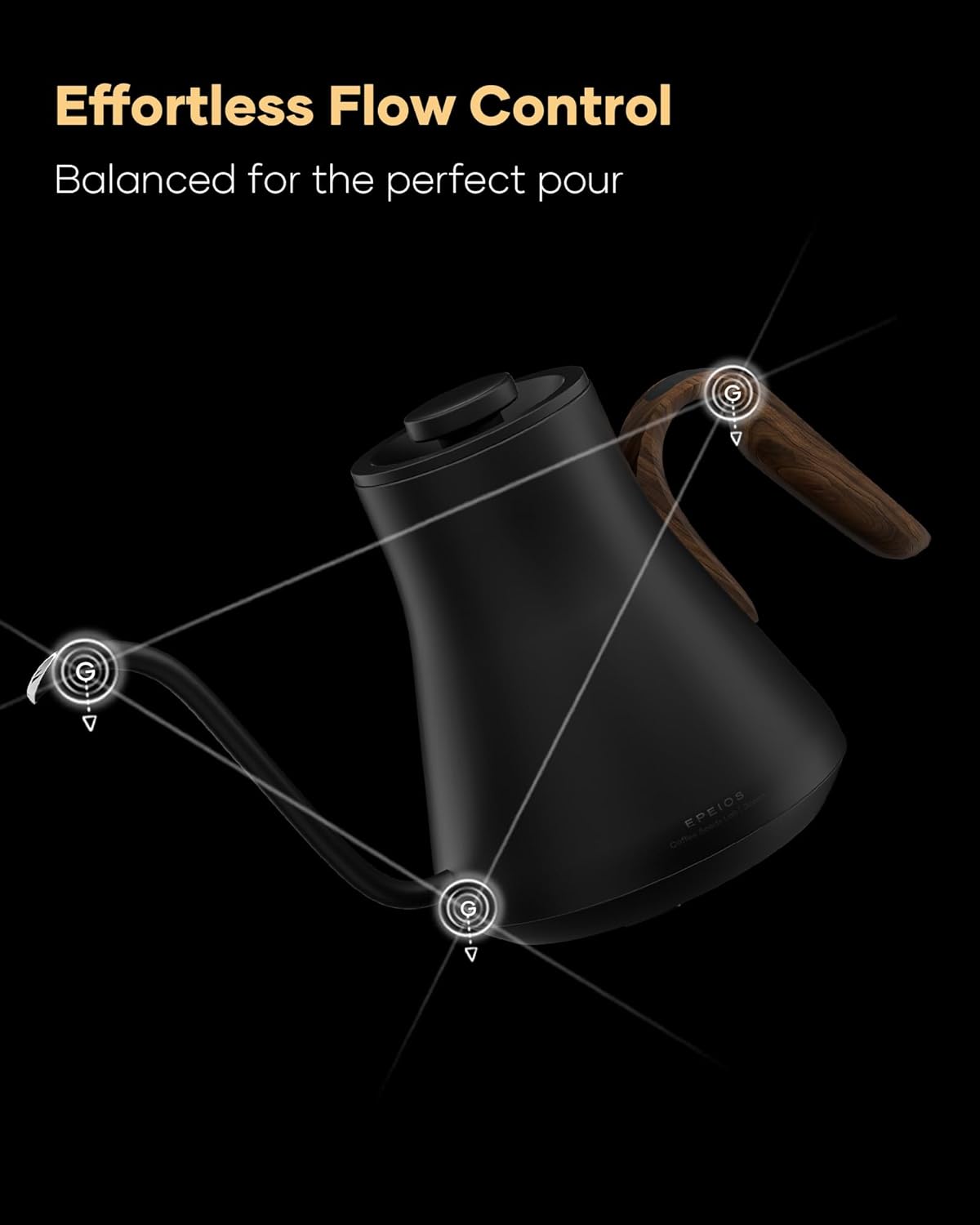 Cocinare FLOW B9 Gooseneck Electric Kettle, Precise Temperature Control for Pour-Over Coffee & Tea Brewing, Stainless Steel Interior, Rapid Heating for Boiling Water 1500W/0.9L (Black Wooden)