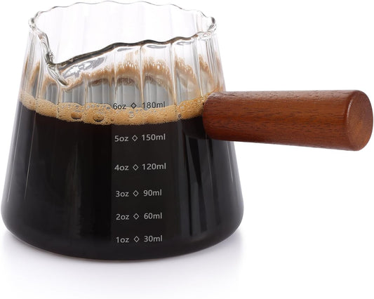 Espresso Cups 6 OZ, V-Shaped Spouts Cups, Espresso Shot Glasses with Wood Handle, Ribbed Milk Measuring Cup