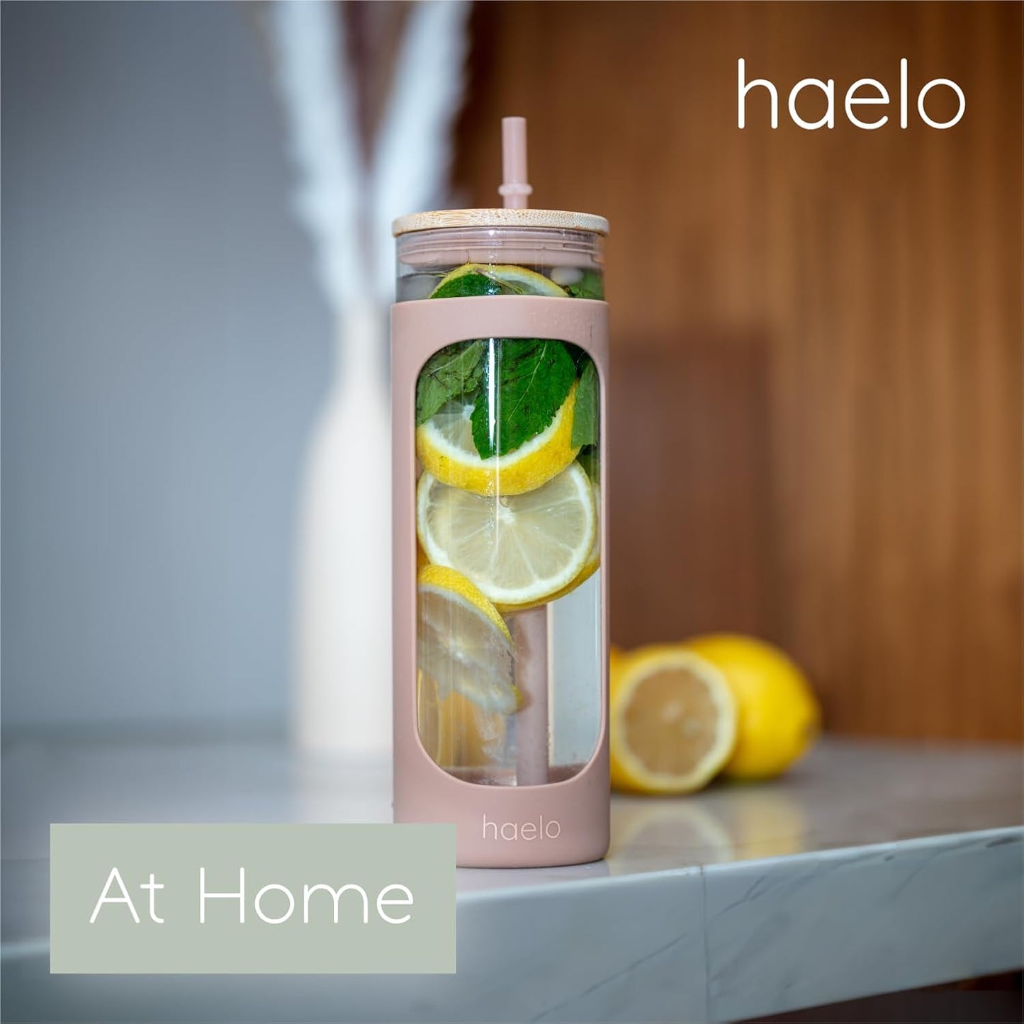 haelo 20oz Glass Tumbler Water Bottle, Iced Coffee Cup with Straw, Silicone Protective Sleeve, Bamboo Lid Reusable BPA Free (Dune)