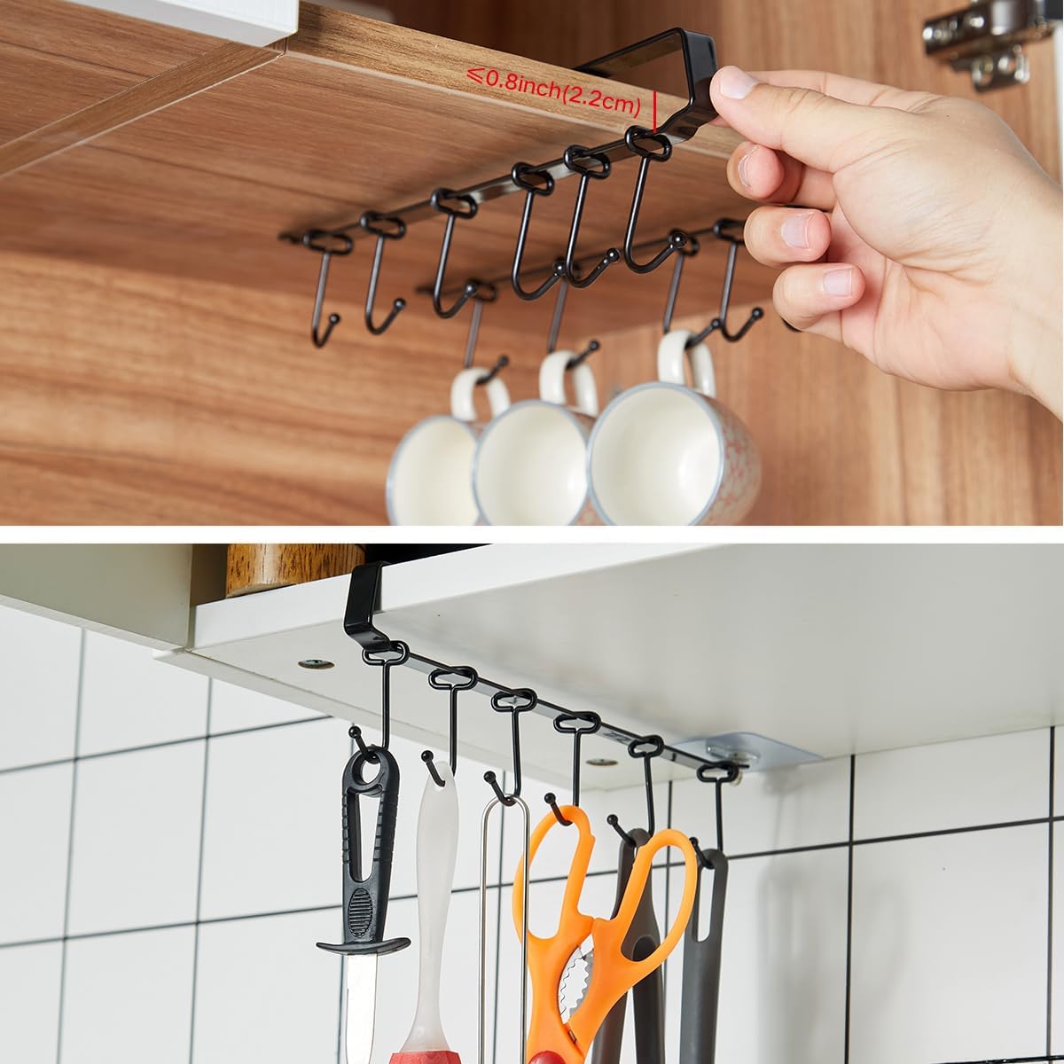 Mug Rack Under Cabinet - Coffee Cup Holder, Each Bracket is Equipped with 6 and Adjustable Position of The Hook, Display Hanging Cups Drying Hook for Bar Kitchen Utensils Black 2 Sets