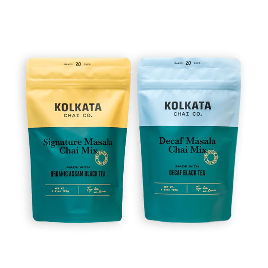 Kolkata Chai Signature Masala Chai & Decaf Masala Chai Tea, Assam Black Tea Combo Pack, Makes 40 cups, Premium loose leaf tea and spice blend, All Natural