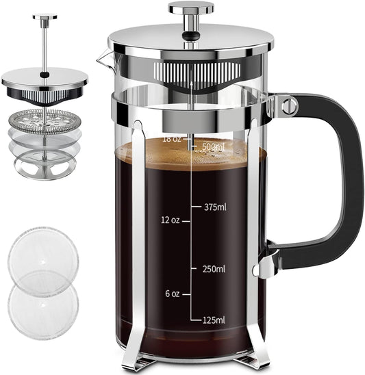 QUQIYSO French Press Coffee Maker 304 Stainless Steel French Press with 4 Filter, Heat Resistant Durable, Easy to Clean, Borosilicate Glass Coffee Press, 100% BPA Free Glass Teapot, 21 ounce, Silver