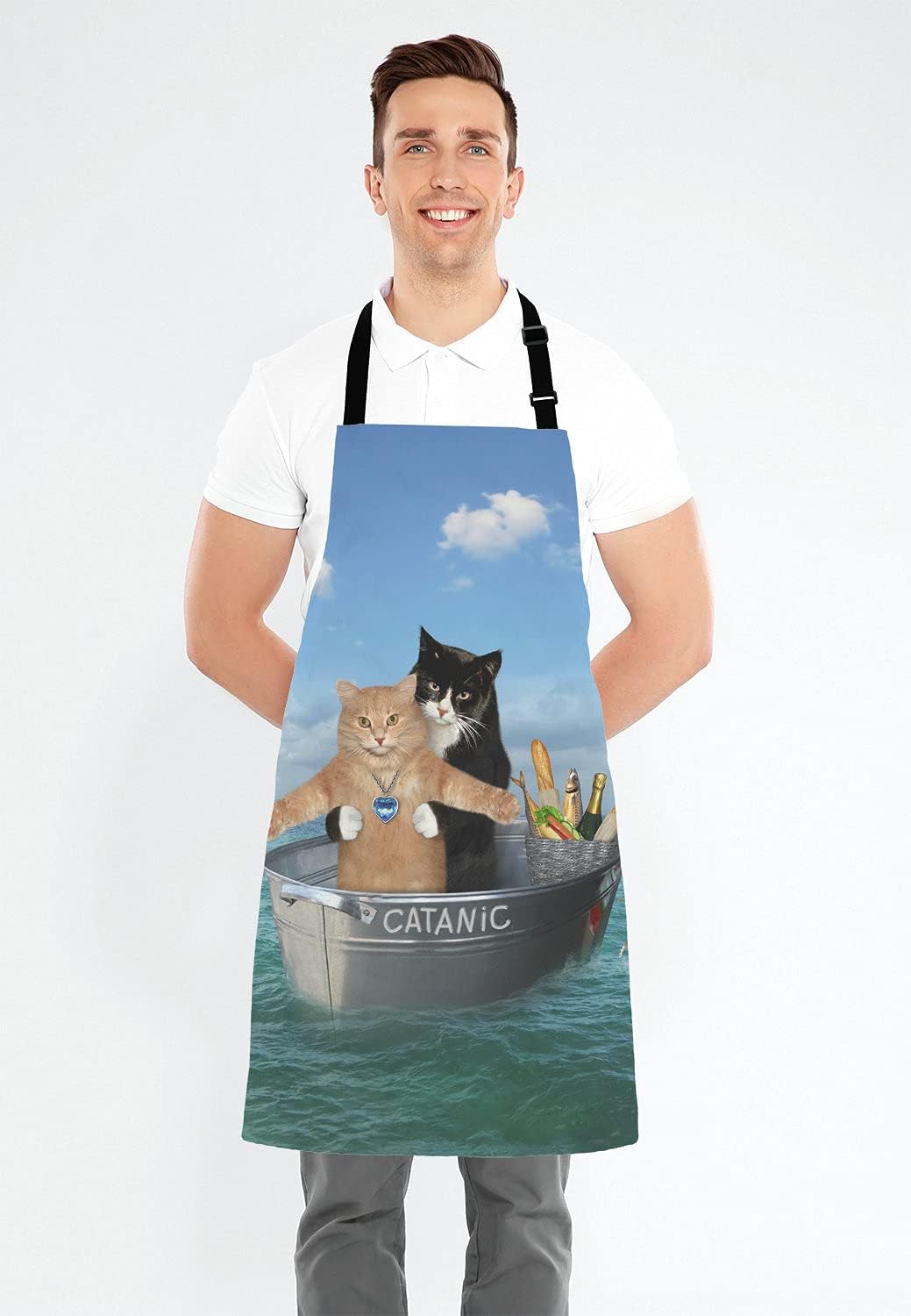 Funny Cats Adjustable Bib Apron, The two brave cats are drifting in the steel Cooking Kitchen Apron for Men Women