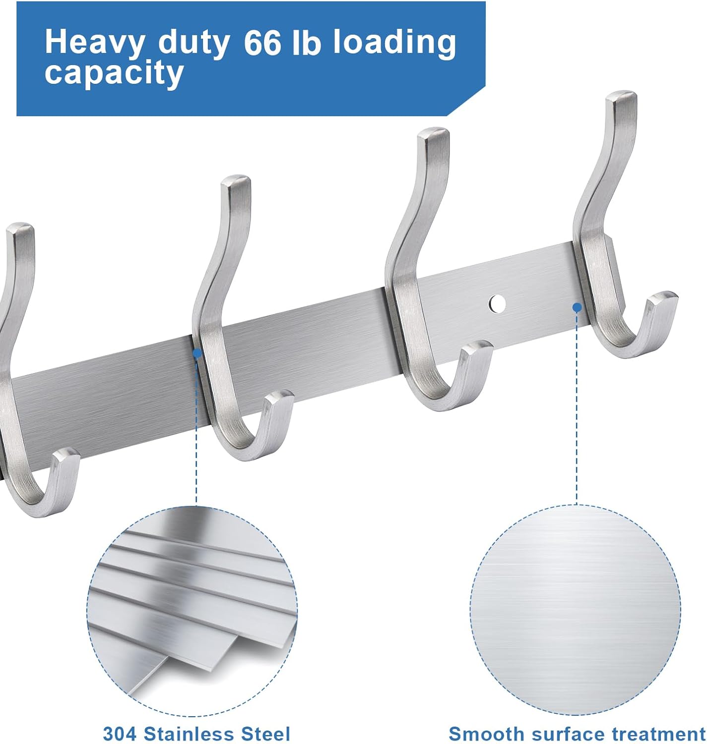 Wall Hooks Heavy Duty, 12 Inch Coat Rack Wall Mount with 4 Hooks, Silver Wall Hooks Hangers for Entryway, Bathroom - for Hanging Backpack, Bag, Coat, Purse, Hat, Towel, Clothes,2 Packs