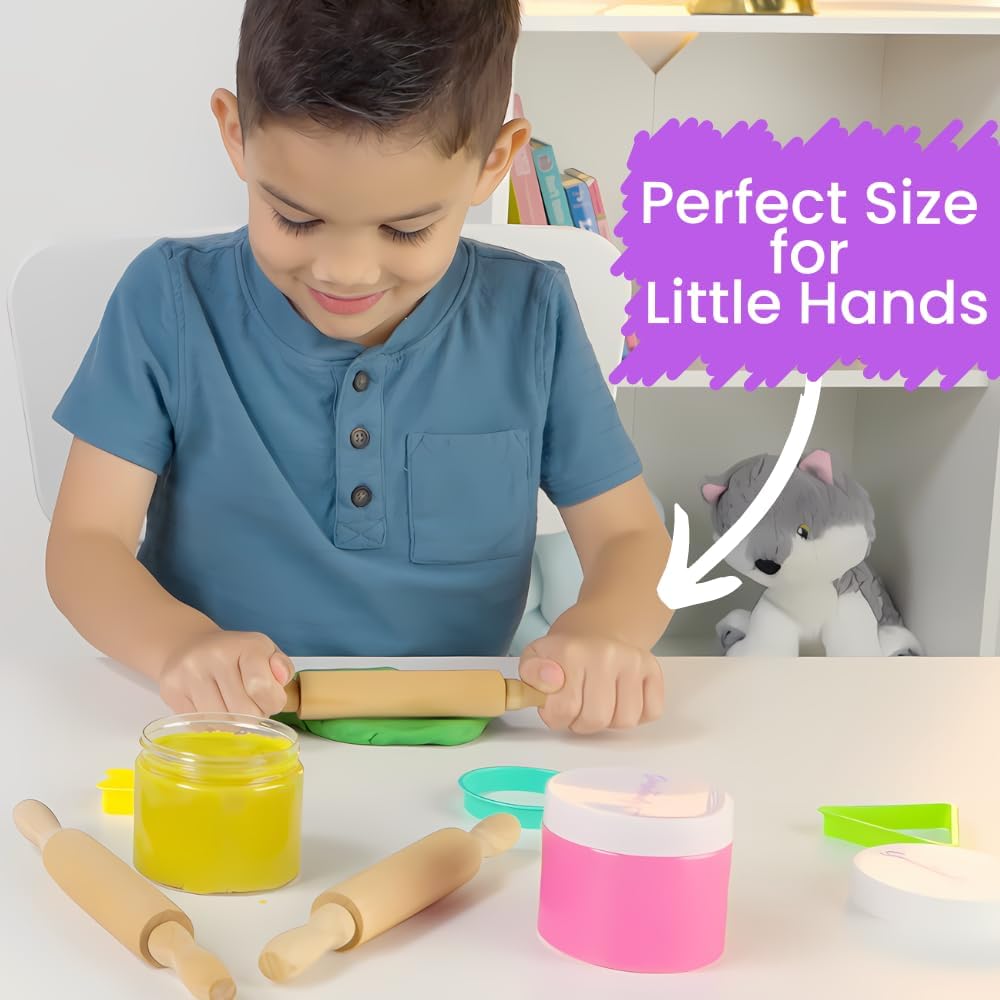 8-Inch Premium Kids Mini Rolling Pins (6-Pack) Splinter-Free, Non-Stick Hardwood for Baking, Sensory Crafts, Play-Doh, Clay, Therapeutic Fine Motor Skills for Toddlers, Great Gift for Children