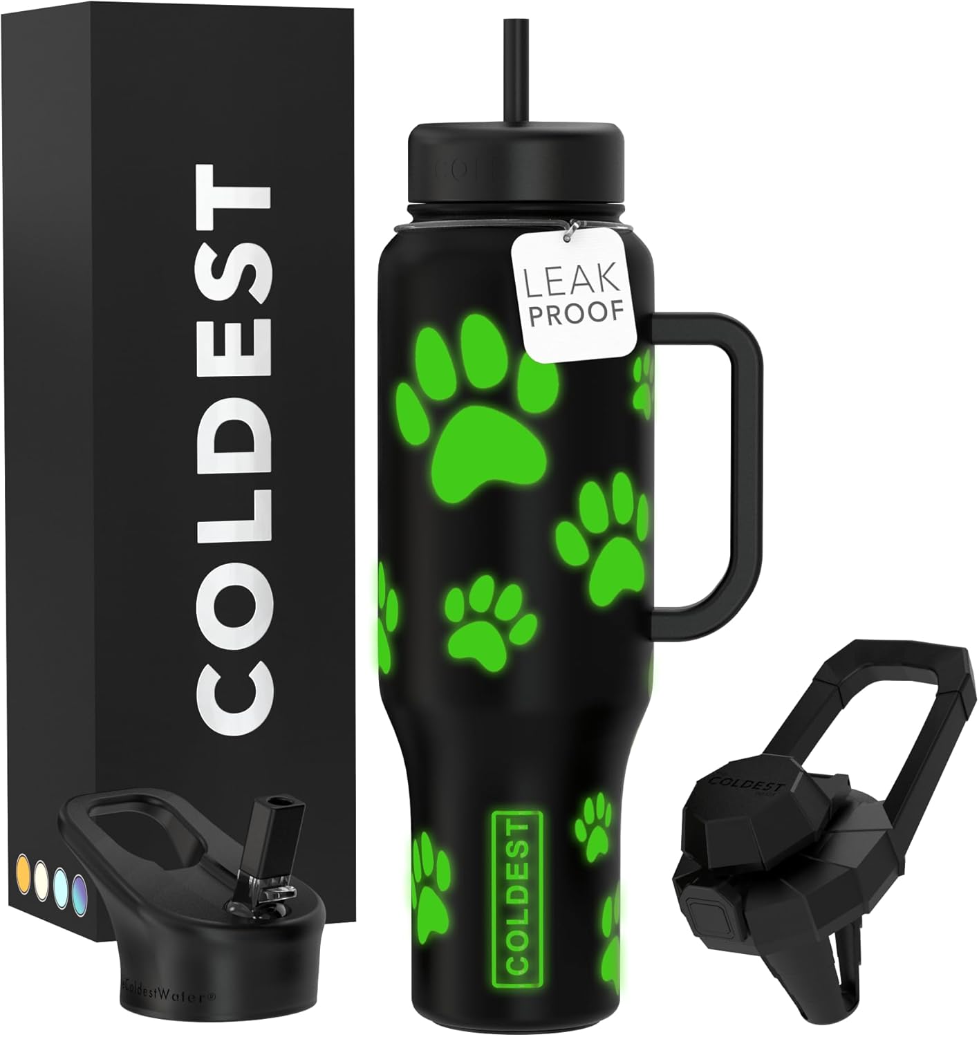 Coldest 40 oz Tumbler with Handle and Straw - 100% Leak Proof Insulated Tumbler with Lid and Straw (3 Lids) - Stainless Steel Tumblers for Women & Men - Cup Holder Friendly Base, 46 oz (Glowie Paws)