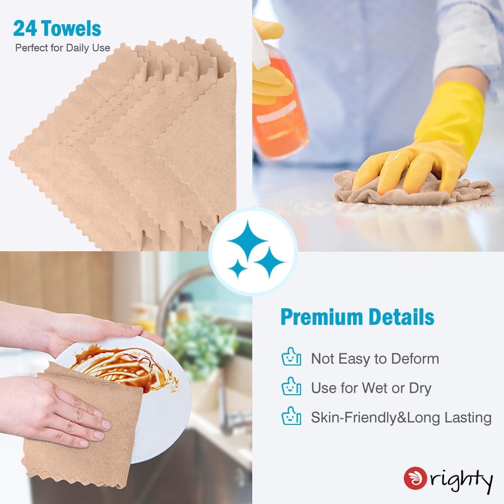 Orighty Microfiber Cleaning Cloth, 24 Pack Highly Absorbent Cleaning Supplies, Reusable Clean Rags for House, Microfiber Cloth for Kitchen, Window, Car Care, 11.5x11.5 inch Brown