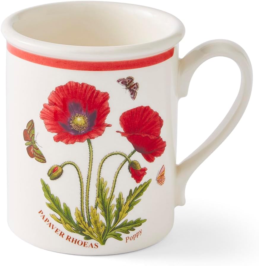 Portmerion Botanic Garden Meadow - 8.5oz Coffee Mug (Set of 6) | Assorted Florals with Colorful Laurel Leaf Border| Earthenware | Microwave & Dishwasher Safe | Breakfast Cups for Tea or Coffee