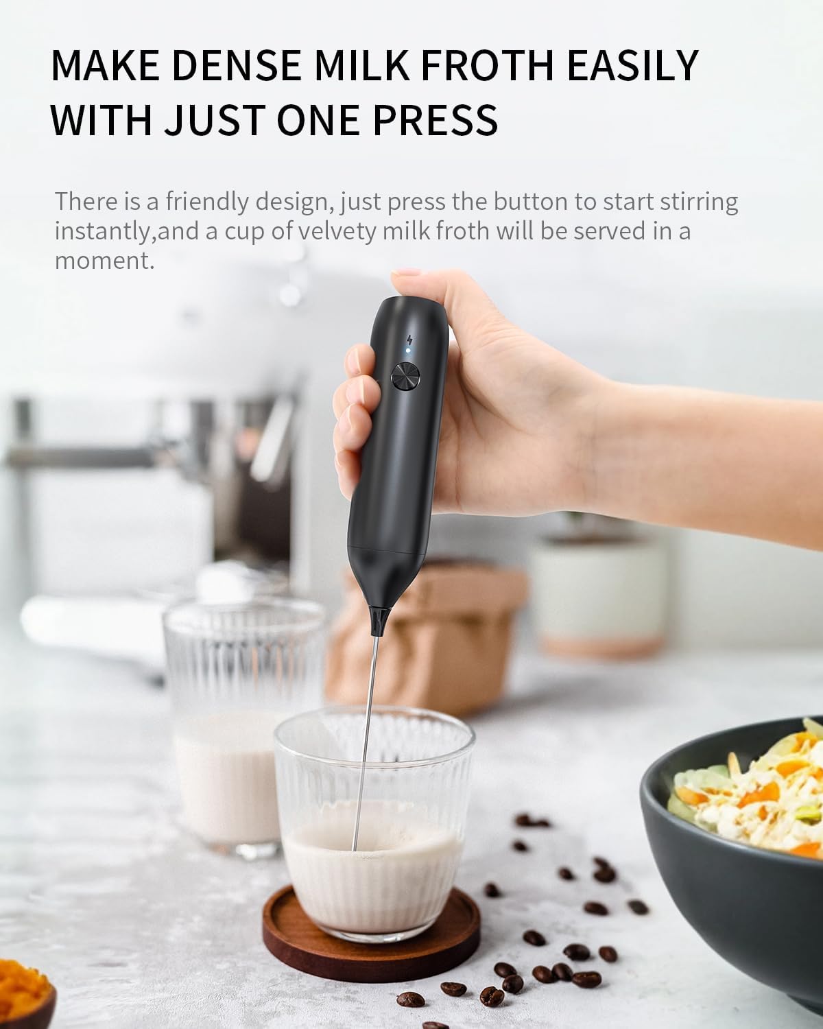 CIRCLE JOY Rechargeable Milk Frother Handheld with Stand, Coffee Frother Wand Drink Mixer with Dual Spring Whisk for Coffee, Cappuccino, Lattes, Frappe, Matcha and Hot Chocolate, Black