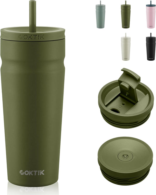 COKTIK 24oz Insulated Tumbler with Lid and Straw 2 Lids (Straw/Flip) Iced Coffee Cup Reusable Stainless Steel Travel Mug Water Bottle Cupholder Friendly for Women Men Her Him (Olive)