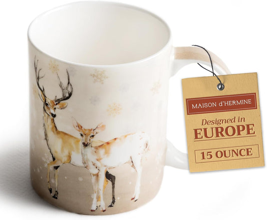 Maison d' Hermine Coffee Mug with Handles Fine Bone China Mugs Pack of One Tea Cups for Hot Beverages Cappuccino Latte Home Restaurant Office Perfect for Gift (Deer In The Woods - Oh Deer, 15 Ounce)
