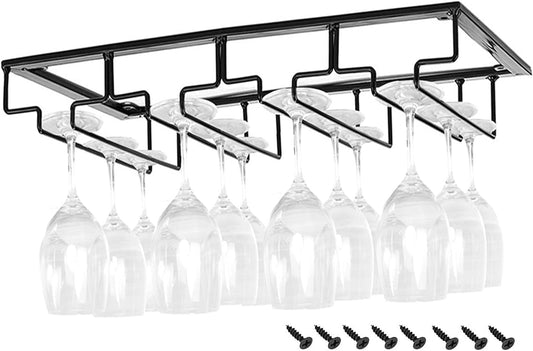 Wine Cup Holder Table Decoration Storage Hanger Metal Organizer for Bar Kitchen Stemware Rack Under Cabinet Stainless Steel Hanger Storage Shelf Black (Black, 4 Rows 1 Pack)