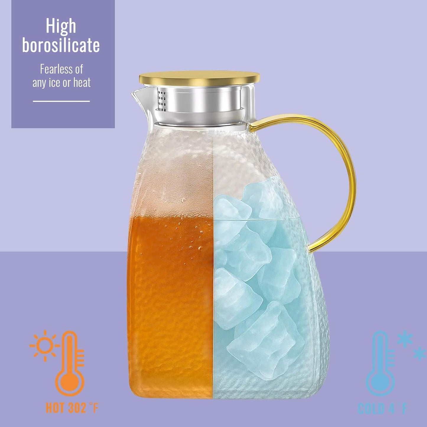 Glass Pitcher With Lid, 2 Liters Glass Pitchers With Handle And Lid, 68 oz Water Pitcher For Fridge, Tea Jug Carafe Jar For Hot/Cold Water Iced Juice Coffee Milk Fruit