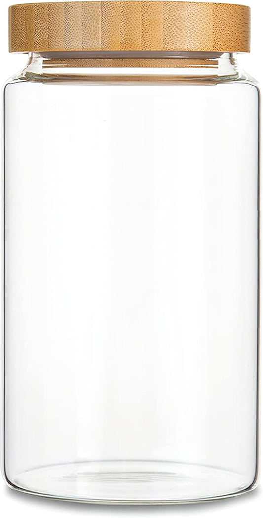 1200ML/42Oz Clear Cute Glass Storage Canister Holder with Airtight Bamboo Lid, Modern Decorative Large Container Jar for Coffee, Spice, Candy, Salt, Cookie, Condiment, Pepper, Sugar