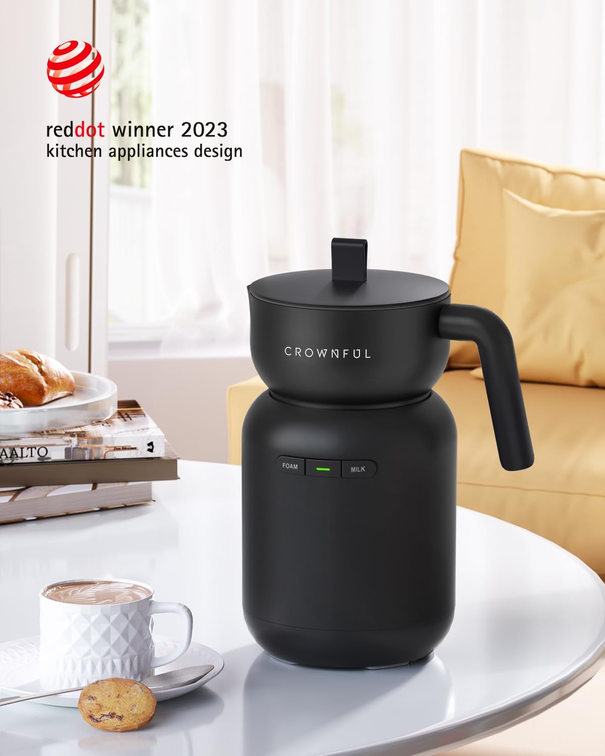 CROWNFUL Milk Frother, Electric 5-in-1 Milk Frother and Steamer with Temperature Control, Dishwasher Safe, Auto Shut-Off Frother for Coffee, Latte, Cappuccino, Macchiato, Dark Gray