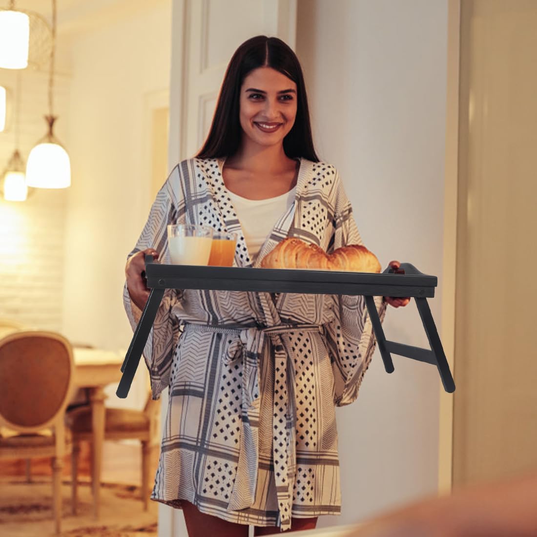 Multi-Purpose Bamboo Wood Lap Desk - Folding Legs, Breakfast Food Tray, Serving Dinner Tea TV Tray - Lightweight, Minimalist Black