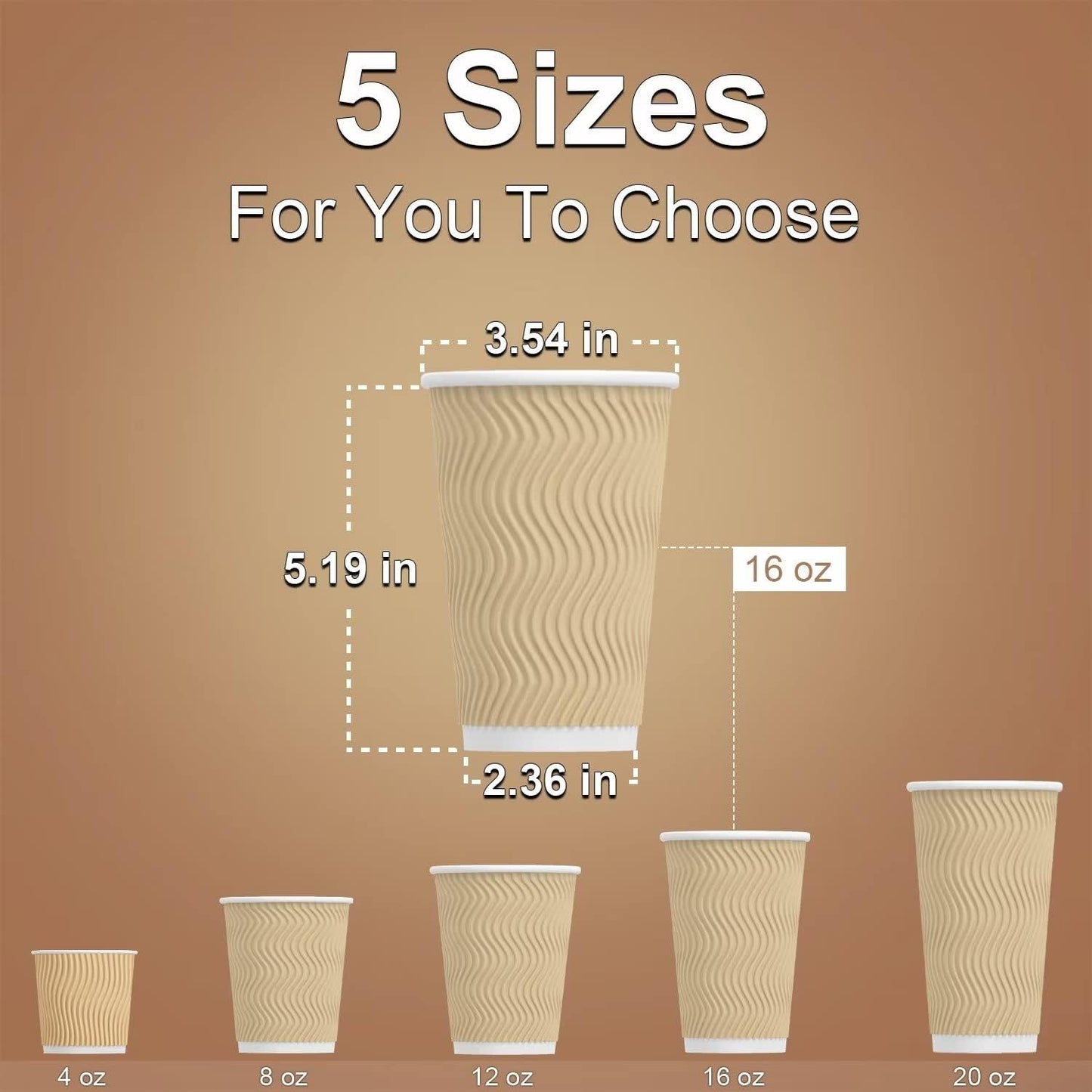 Hot Paper Cups 16 oz Disposable Insulated Corrugated Sleeve Ripple Wall Paper Cup 100 pcs,16oz Cups for Drink，Hot Coffee Cups (Brown)