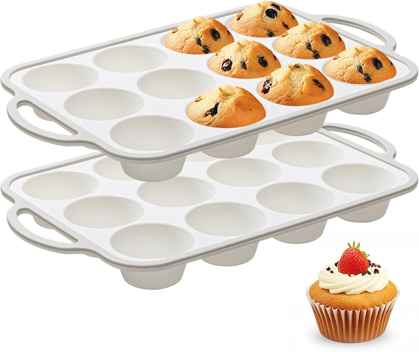 Silicone Muffin Pans for Baking 2 Pack, 2.6 Inch with Metal Reinforced Frame, Regular Size Nonstick Cupcake Pan 12 Cups for Baking Homemade Muffins, Dishwasher Safe BPA Free-Grey
