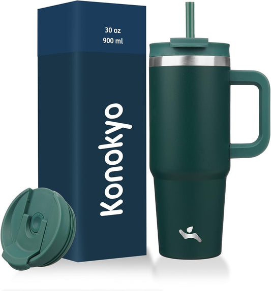 30 oz Tumbler with Handle and 2 Straws,2 in 1 Lid Insulated Water Bottle Stainless Steel Travel Coffee Mug,Dark Green