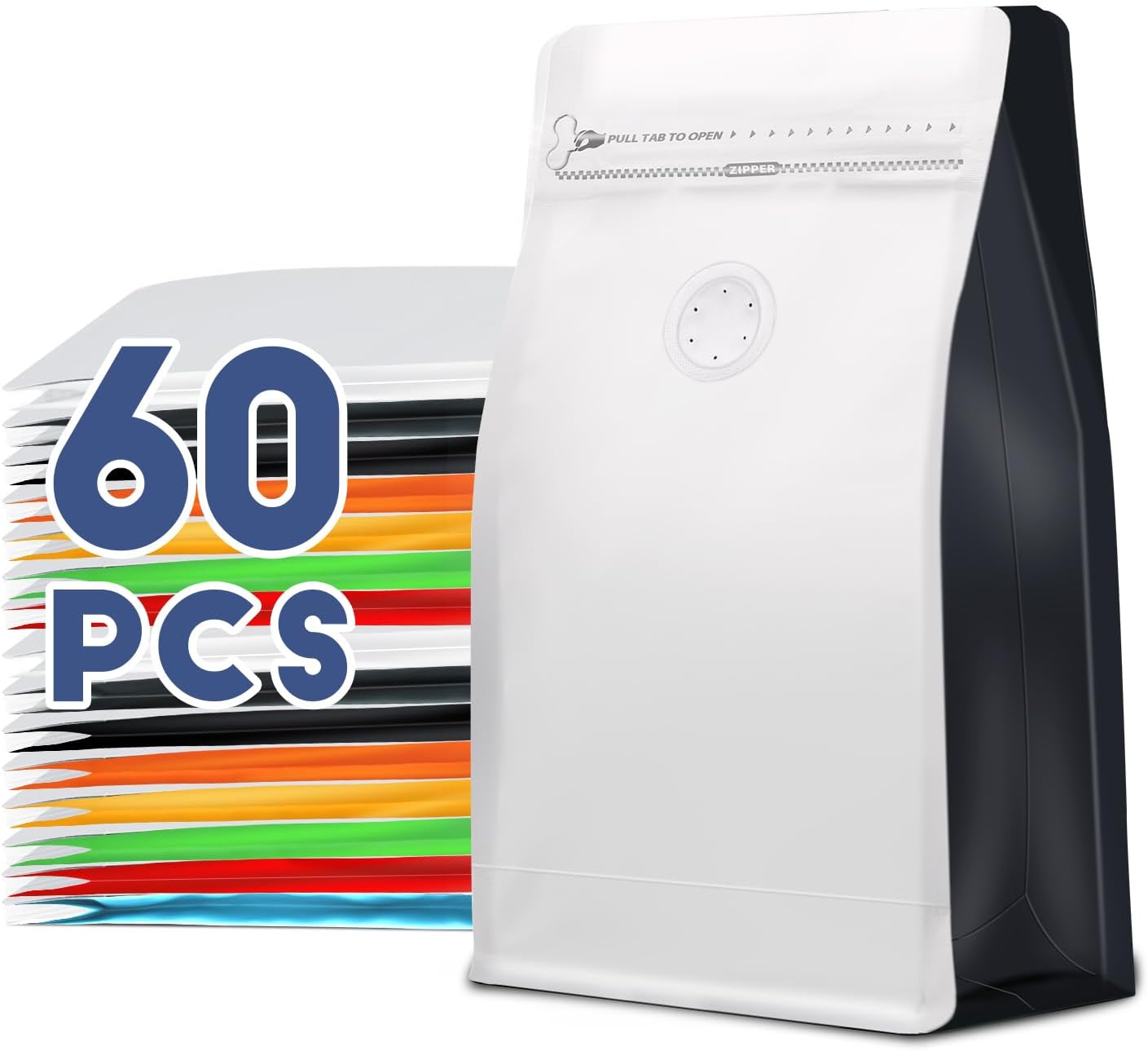 Coffee Bags with Valve(60pcs,8 oz,1/2 lb) Vented Coffee Beans Packaging Bags High Barrier Aluminumed Foil Flat Bottom Heat Sealed Side Zipper Resealable Storage Bag for Home or Business（White+Black）