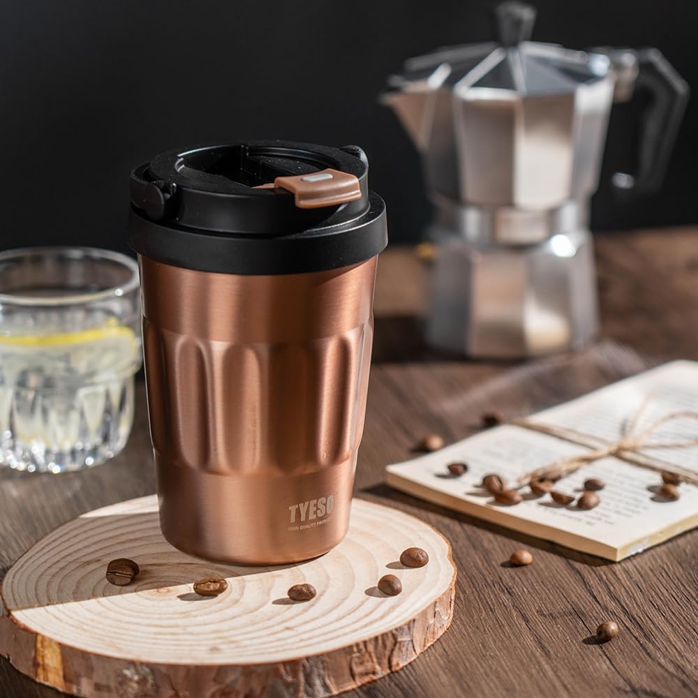 TYESO Stainless Steel Portable Tumbler with Flip Lid,Travel Mug with Concealed Carry Handle, Leakproof Insulated Coffee Cup (ROSE GOLD, 13 OZ)