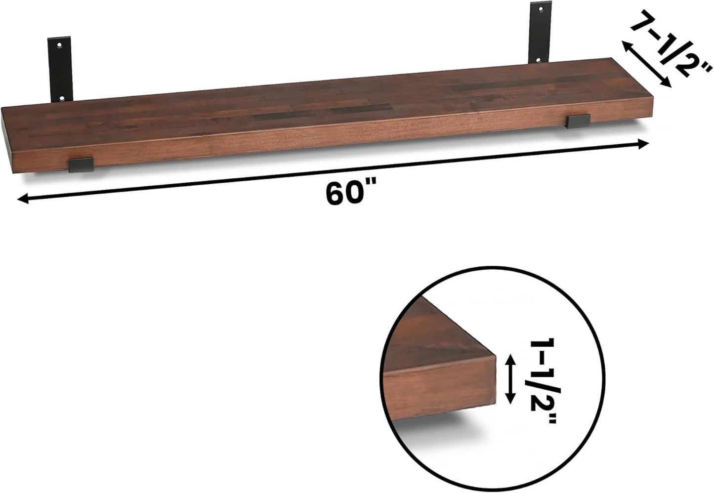 CONSDAN Floating Shelves for Wall Mounted Book Shelf Hanging Shelves Floating Bookshelf for Bedroom, Bathroom, Living Room, Kitchen USA Grown Solid Hardwood, Dark Maple 60x7.5x1.5 in (Set of 2)