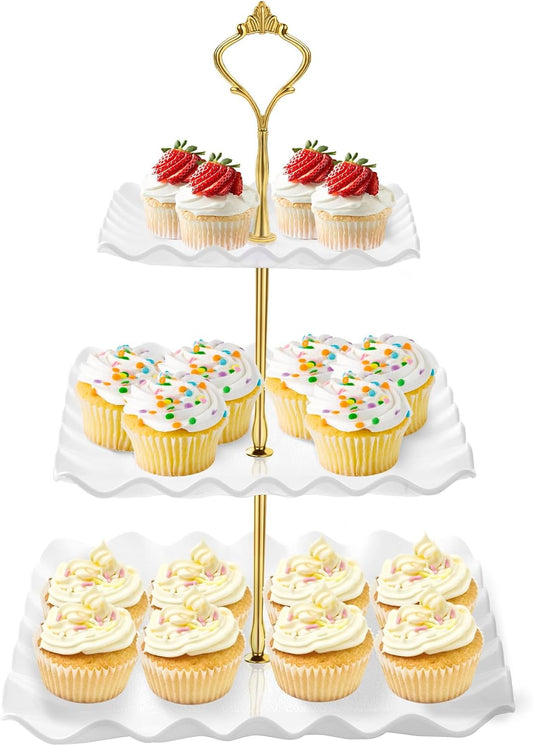 Hoedia 3 Tier Cupcake Stand Tower, Plastic White Cup Cake Holder for Dessert stands, Tiered Serving Tray for Tea Party, Birthday Party, Wedding Decor and Baby Shower(Square Wave)