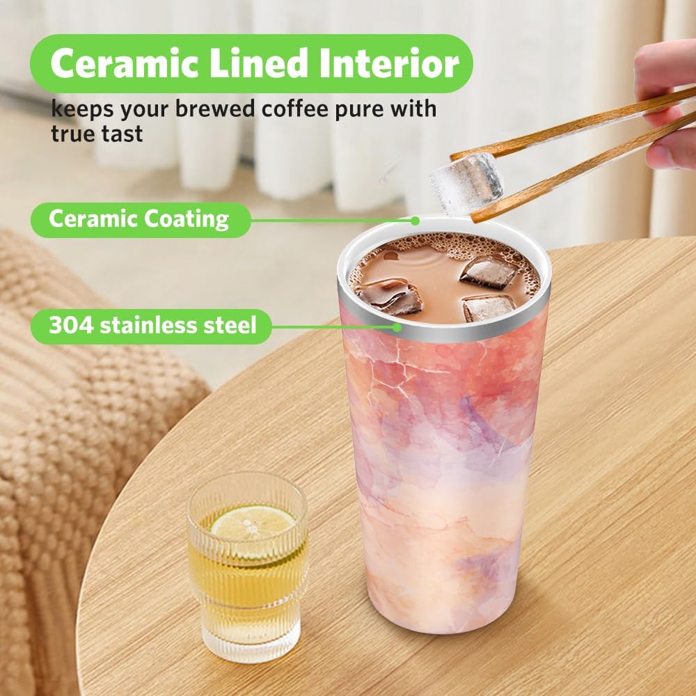 Insulated Coffee Mug with Ceramic Coating, 18oz Travel Mug with Leak-proof Lid, Vacuum Double-wall Tumbler, Stainless Steel Thermal Cup for Tea, Hot Cocoa, Cold Beverage, Ice Drinks