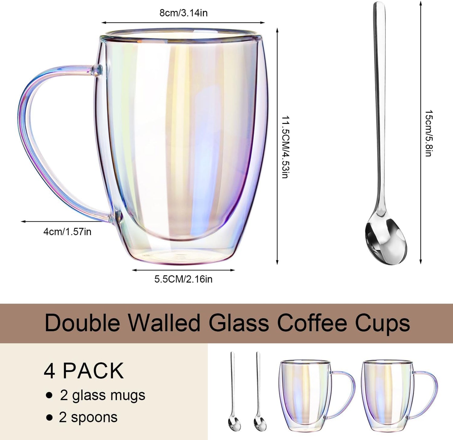 Double Walled Glass Coffee Mugs 12 OZ, Set of 2 Iridescent Glass Cups With Handle Perfect for Espresso, Cappuccino, Latte, Americano, Tea Bag, Beverage
