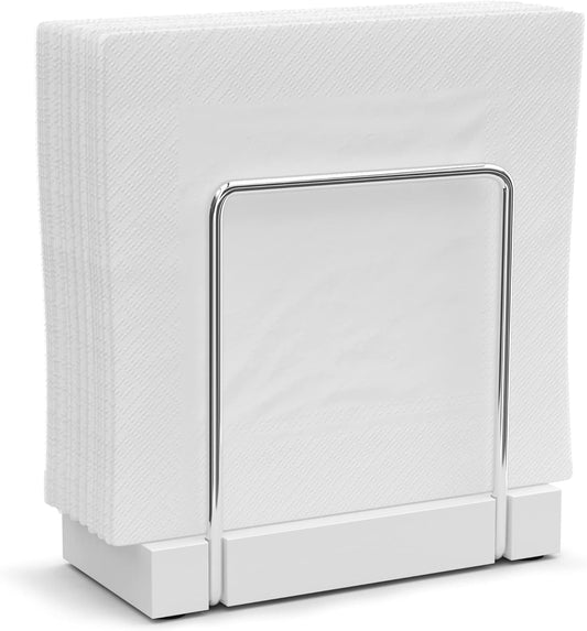 Napkin Holder for Table, Bamboo Iron Standing Napkin Dispenser for Kitchen Dining Table Farmhouse Cocktail Picnic Rustic Wood Holders for Mail Bills Suitable for All Dining Room Decors Silvery & White