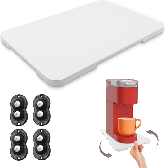 360° Rolling Tray Bamboo Appliance Slider, Appliance Sliders for Kitchen Appliances Sliding Tray for Coffee Maker Appliances Mat Easily from Under The Cabinet White(13.9"×9.4")