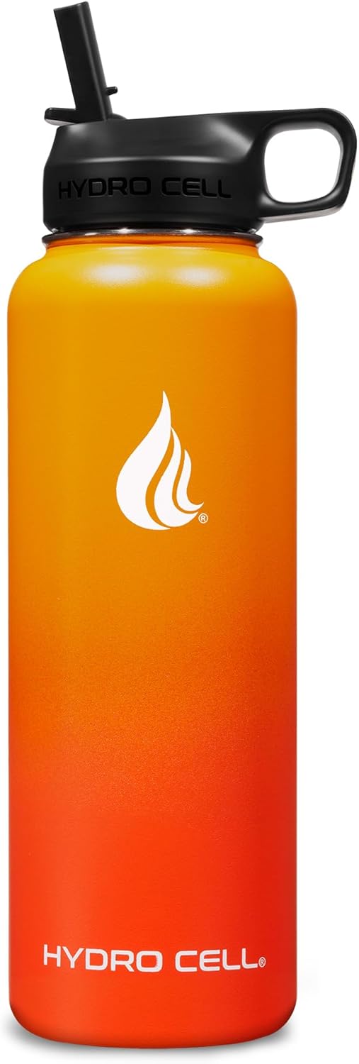 HYDRO CELL Stainless Steel Insulated Water Bottle with Straw - For Cold & Hot Drinks - Metal Vacuum Flask with Screw Cap and Modern Leakproof Sport Thermos for Adults (Red/Orange 40oz)