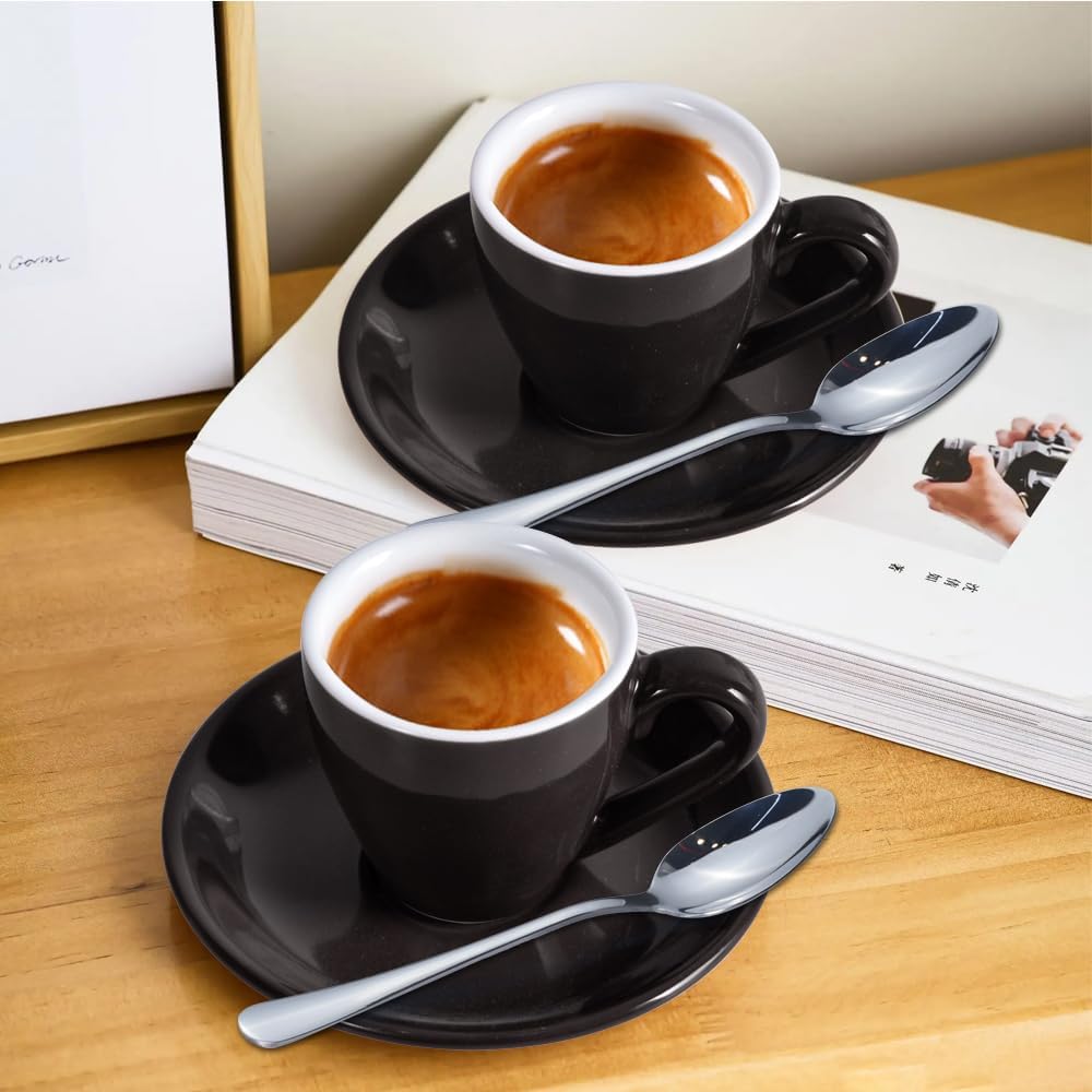 Porcelain Espresso Cup with Saucer And Stainless Steel mini Spoons, Espresso shot Cup, 80ml/2.7Oz, Pack of 2, Black