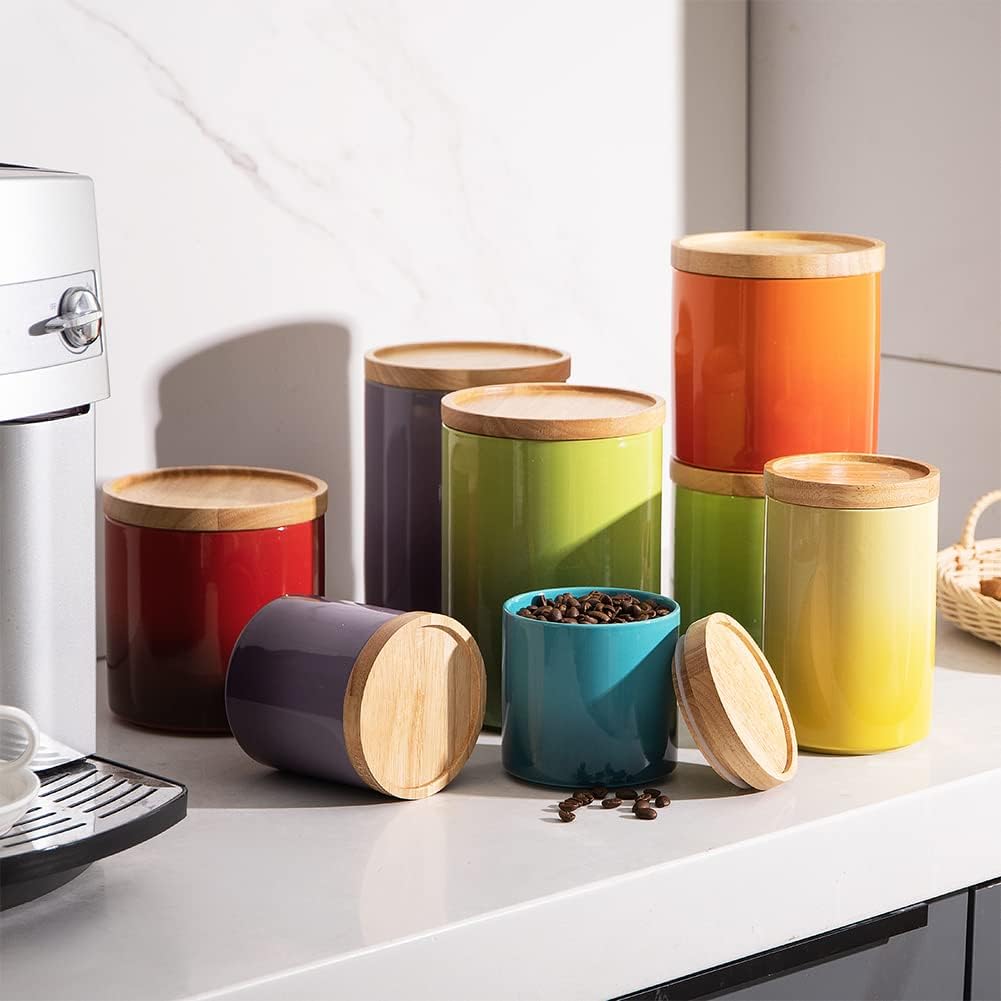 Sweejar Ceramic Food Storage Jar, Stackable Kitchen Canisters, Containers with Airtight Seal Wooden Lid for Serving Ground Coffee, Tea, Sugar, Salt and More - 28 Fl Oz (Gradient Blue)