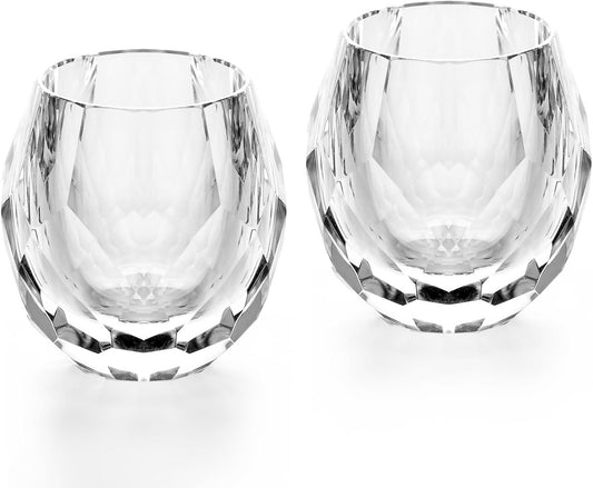 KAMMAK Crystal Whiskey Glasses Set of 2, Handcrafted Old Fashioned Glasses Stemless, 3.71oz Hand Blown White Cocktail Glasses, Engagement Gifts for Couples, Women, Men