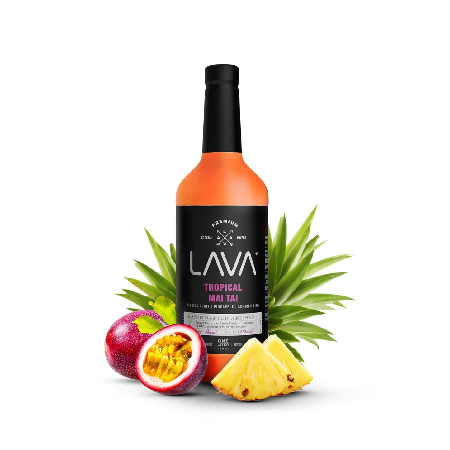 LAVA Premium Tropical Mai Tai Mix made with real passion fruit, pineapple, lemon and lime, no artificial sweeteners, 1-Liter (33.8oz) Glass Bottle, Ready to Use.