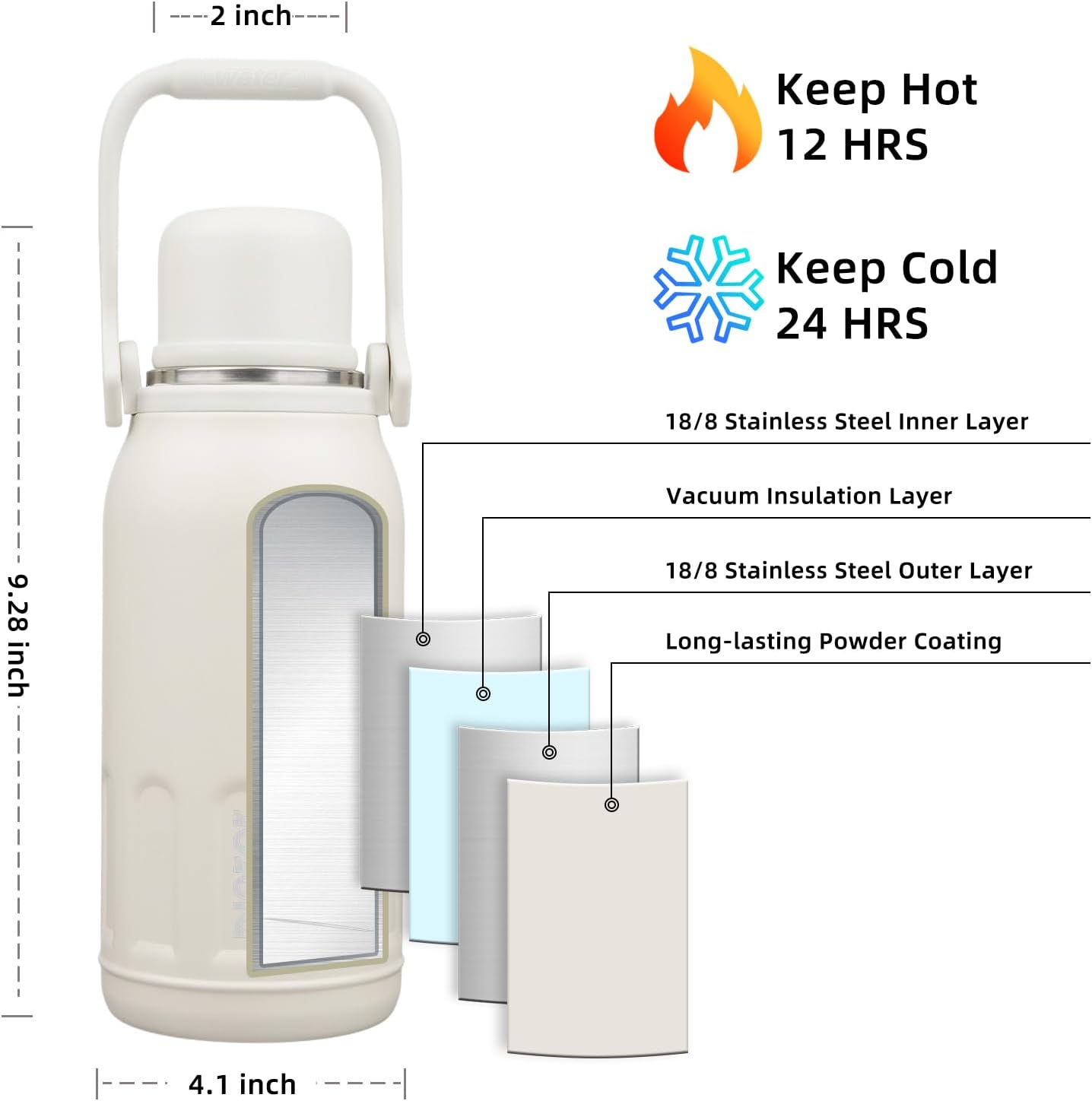 BJPKPK Insulated Thermos 40oz Water Bottle with Lid and Carry Handle Double Wall Stainless Steel Water Bottles for Sports,Beige