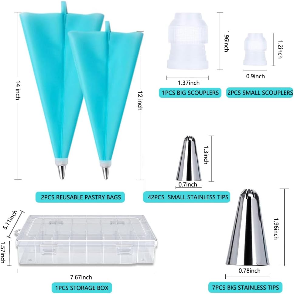 55PCS Piping Bags Tips Set Reusable Pastry Bags and Frosting Tips Cakes Decorating Kit for Cookie Icing, 2 Icing Bags, 49 Icing Tips, 3 Couplers, 1 Storage Box