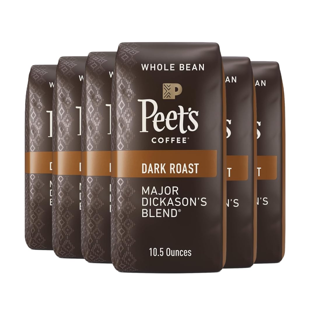 Peet's Coffee, Dark Roast Whole Bean Coffee - Major Dickason's Blend 63 Ounces (6 Bags of 10.5 Ounces)