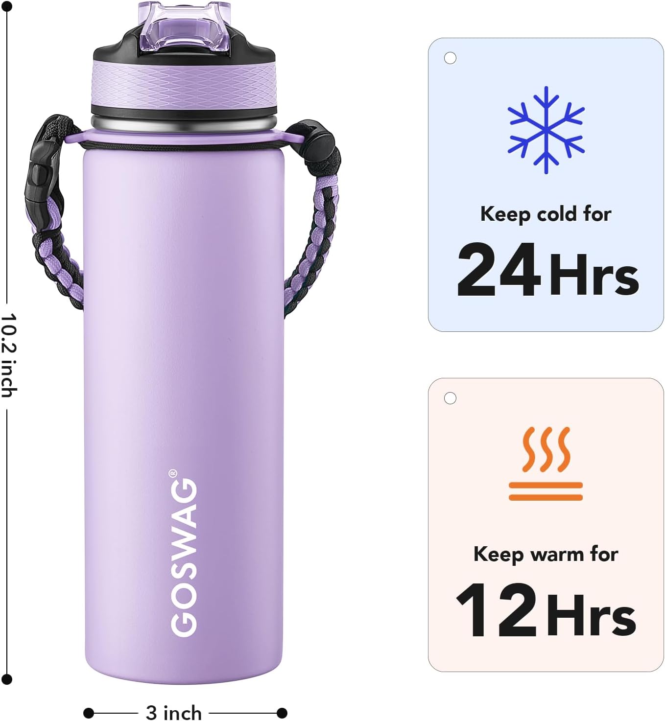 GOSWAG Insulated Sports Water Bottle, 24oz 2 Lids(with Straw/No Straw), Stainless Steel Water Bottles with Paracord Handle, Insulated Bottle with Double-Wall Vacuum Insulation