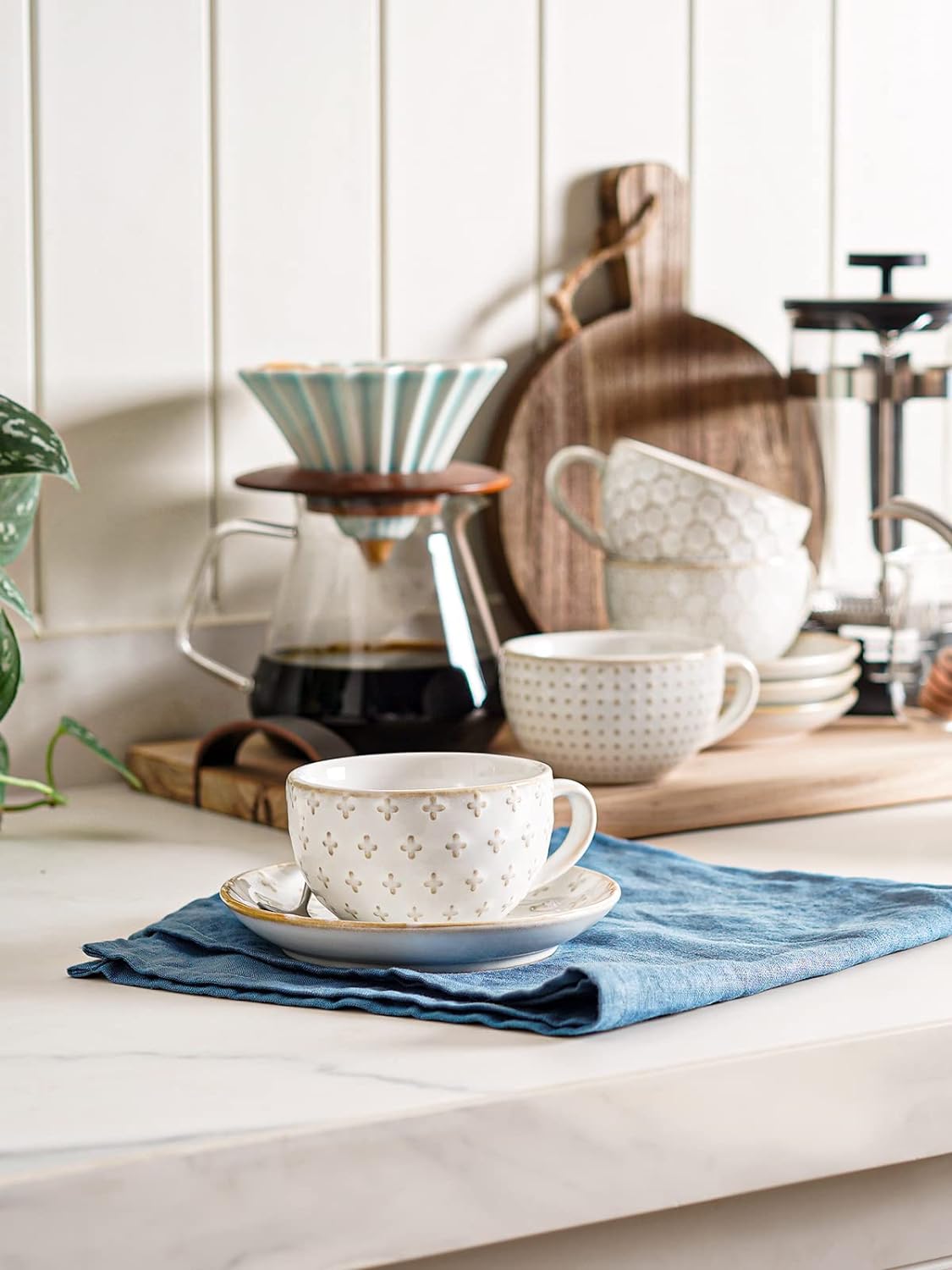 LE TAUCI Cappuccino Cups with Saucers 6 oz, Ceramic Embossment Coffee Cup for Au Lait, Double shot, Latte, Cafe Mocha, Tea, Dishwasher Safe - Set of 4, Arctic white