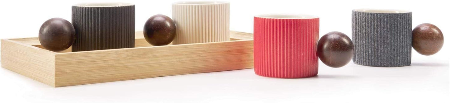 Ceramic Mini Espresso Cups Demitasse Cups with Round Wooden Handle Vertical Stripes Tea Cups (gray, 2pcs)