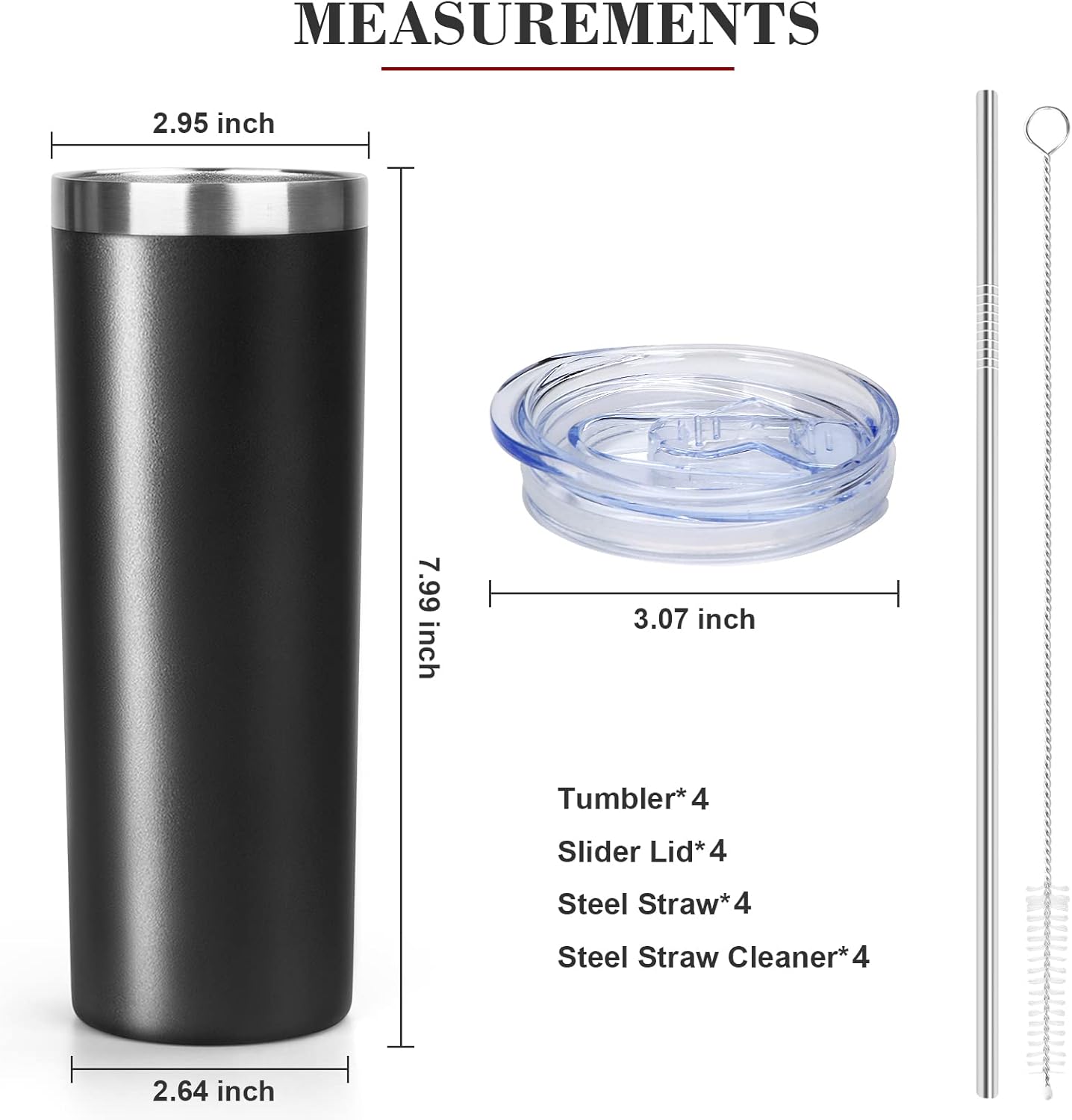 20 oz Skinny Tumblers with Lid and Straw,Stainless Steel Vacuum Insulated Tumbler Cup Double Wall Travel Coffee Mug, Thermal Water Tumbler for Hot and Cold Drinks(Black,4)