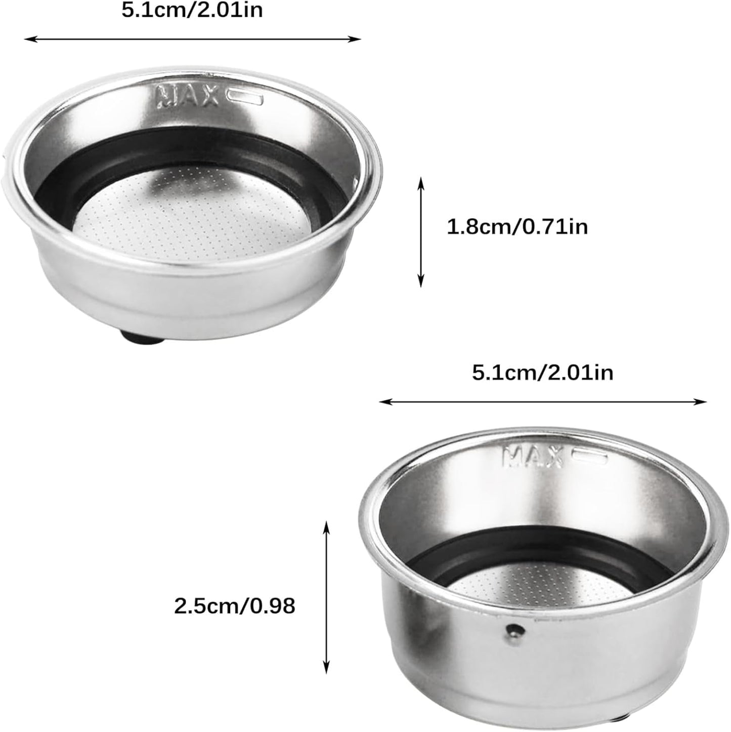 2Pcs Coffee Filter Basket, 51mm Pressurized Coffee Filter Cups Strainer Stainless Steel With Strainer, Coffee Detachable Espresso Machine Portafilter Basket Replacement for Home Office (Single+Double)