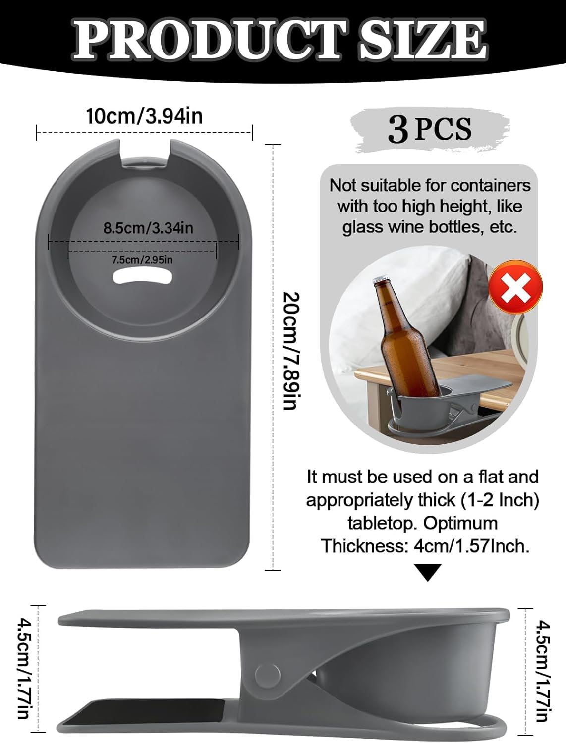 3PCS Drinking Cup Holder Clip Kalolary Chair Desk Bottle Cup Stand DIY Glass Clamp Storage Saucer Clip with Groove for Potted Plant Beverage Coffee Mug Holder Clip for Home & Office (Black White Grey)