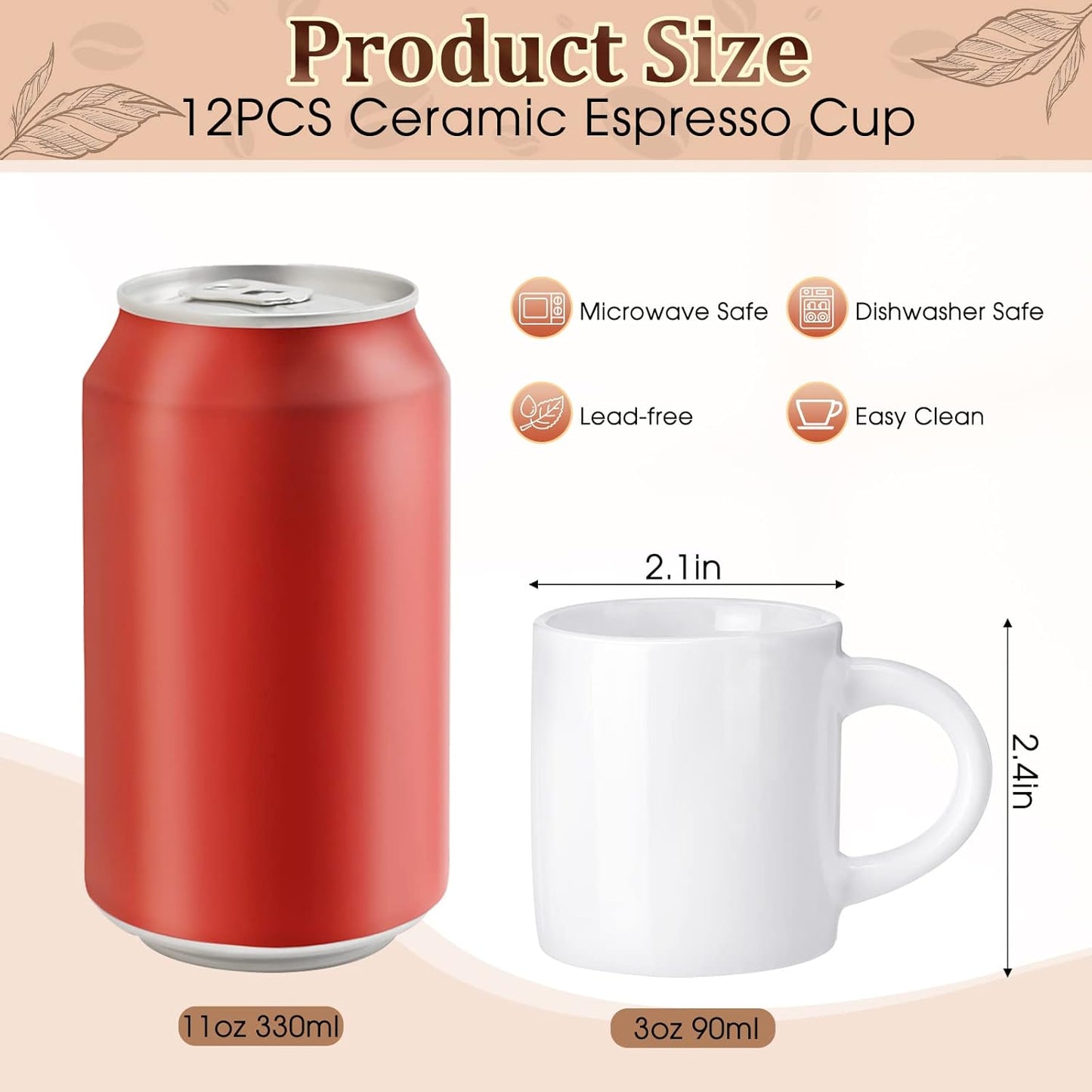 Roshtia 12 Pieces 3 oz Espresso Mugs Espresso Cups Mini Coffee Mugs with Handles Porcelain Coffee Cups Ceramic Smooth Demitasse for Tea Drinks Cocoa Milk Water(White)