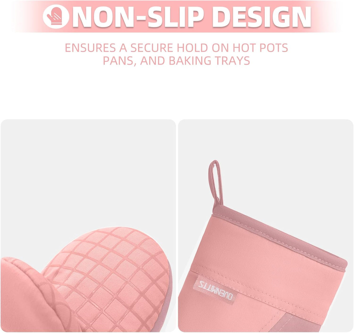 Mini Oven Mitts, Kitchen Oven Gloves Kitchen Mittens 500 Degrees Heat Resistant Baking Gloves, Non-Slip Silicone Surface with Hanging Loops Hot Gloves for Cooking, Baking, BBQ 1 Pair-Pink